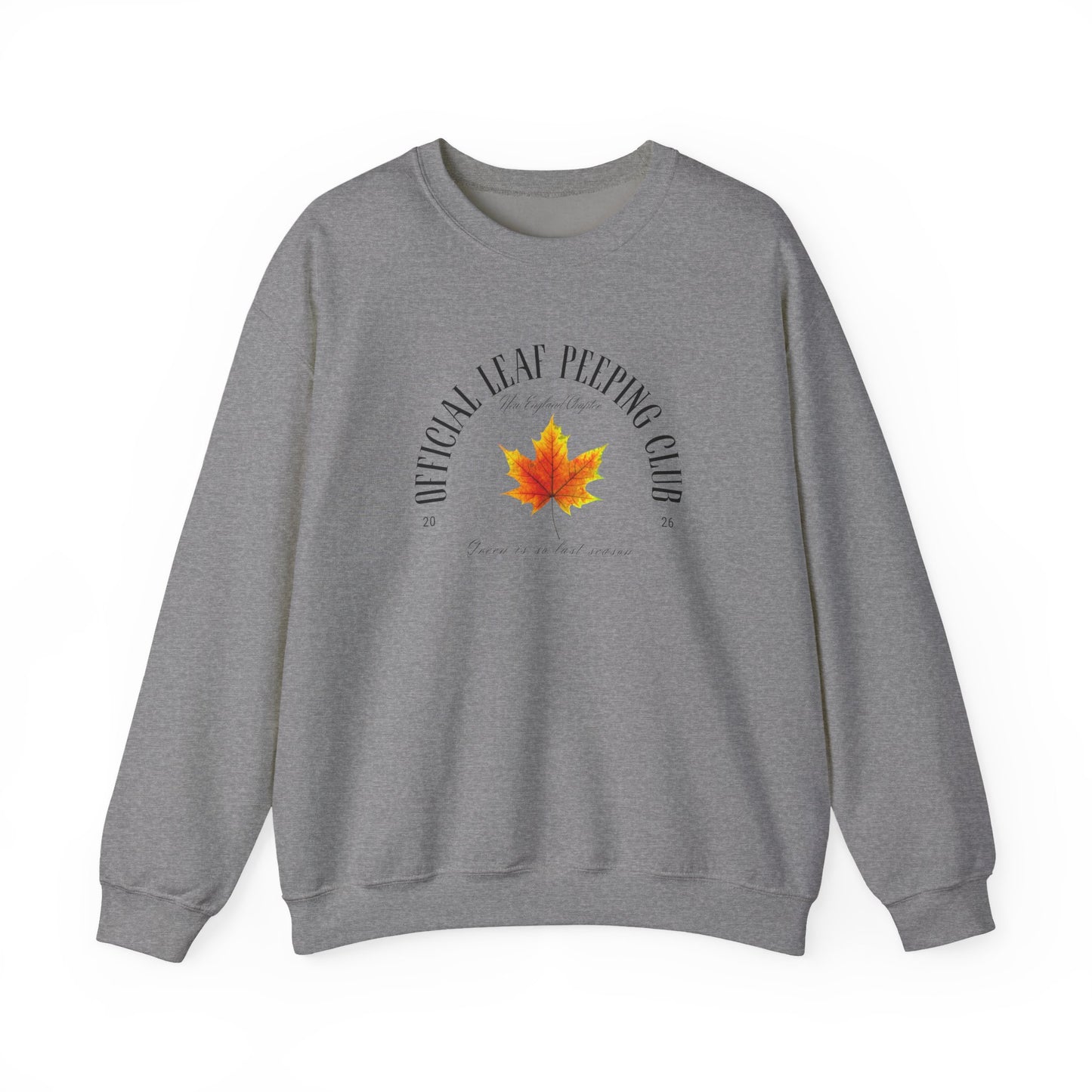 A heather gray crewneck sweatshirt featuring a graphic print of a yellow and orange maple leaf in the center, surrounded by the text 'UNOFFICIAL LEAF PEEPING CLUB' in a semi-circle.