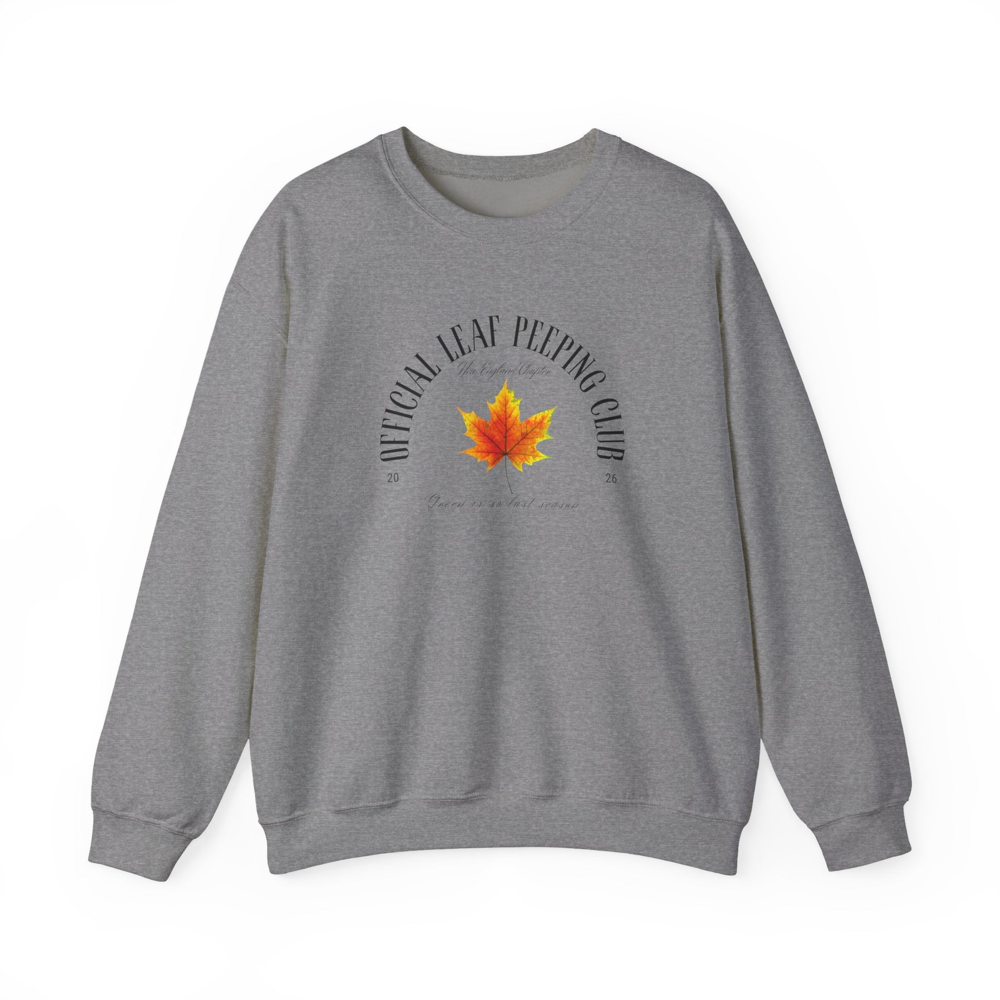 A heather gray crewneck sweatshirt featuring a graphic print of a yellow and orange maple leaf in the center, surrounded by the text 'UNOFFICIAL LEAF PEEPING CLUB' in a semi-circle.