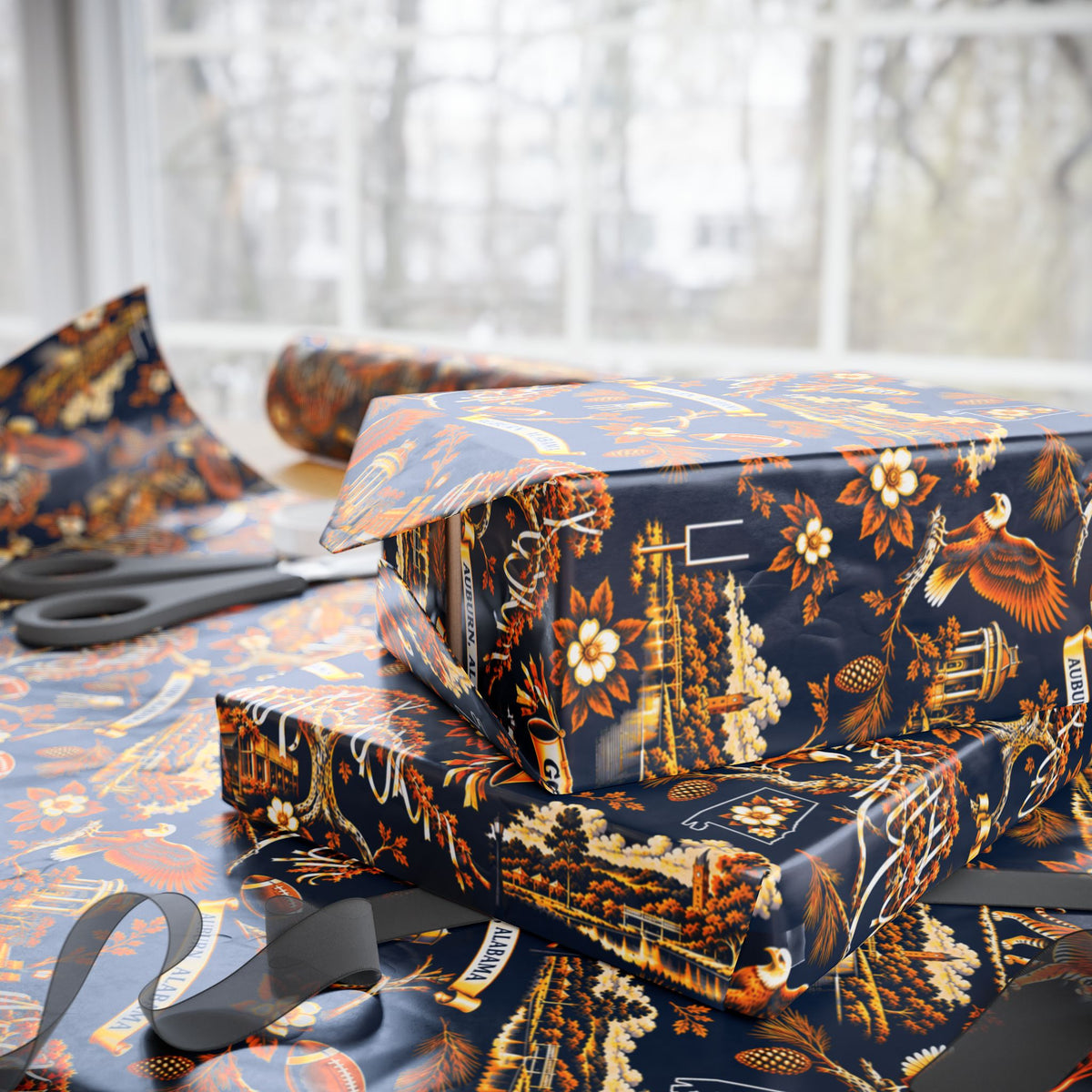 Auburn, Alabama Football Toile Wrapping Paper: Navy and Orange Gift Wrap