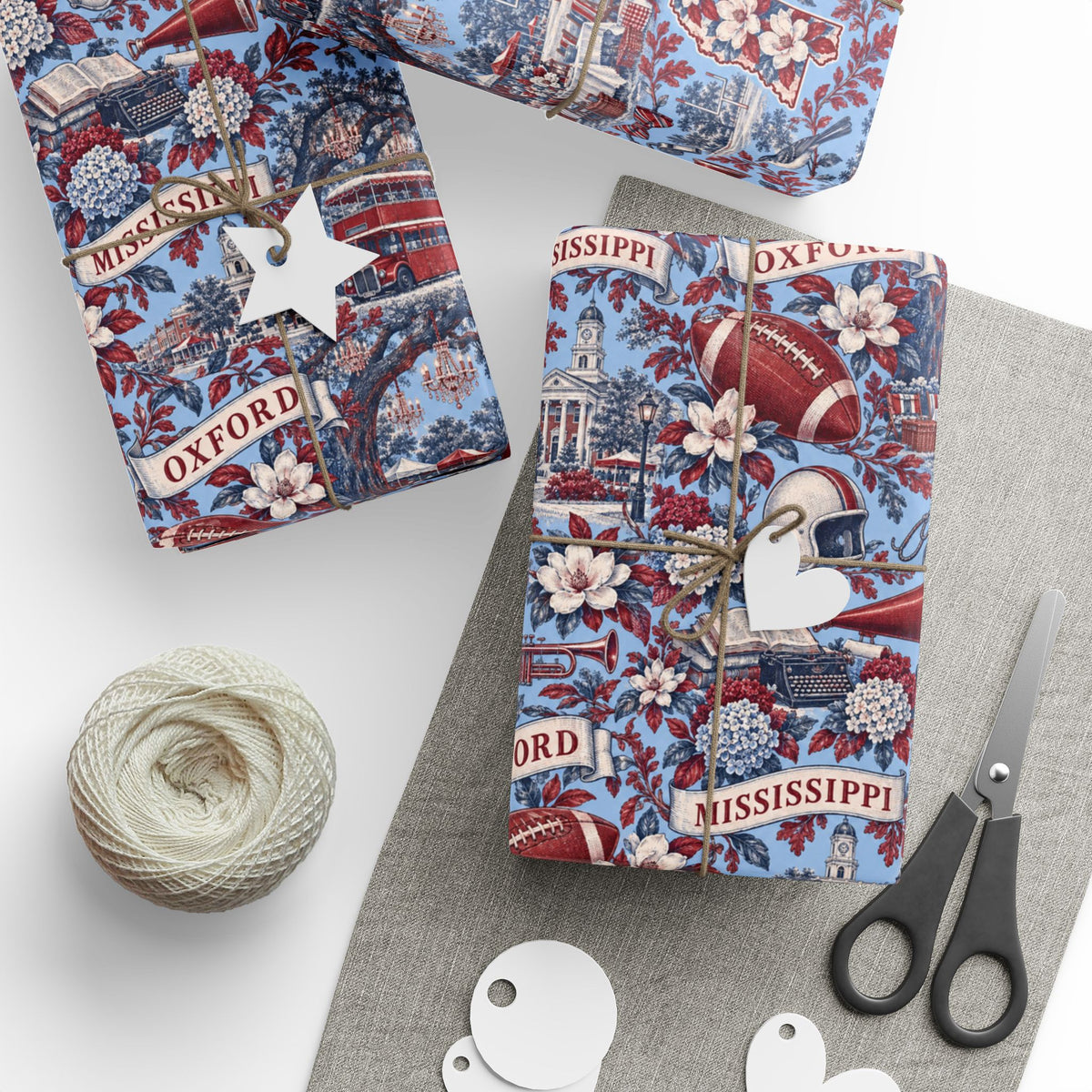 Oxford Mississippi Football Toile Wrapping Paper: Powder Blue and Red Gift Wrap