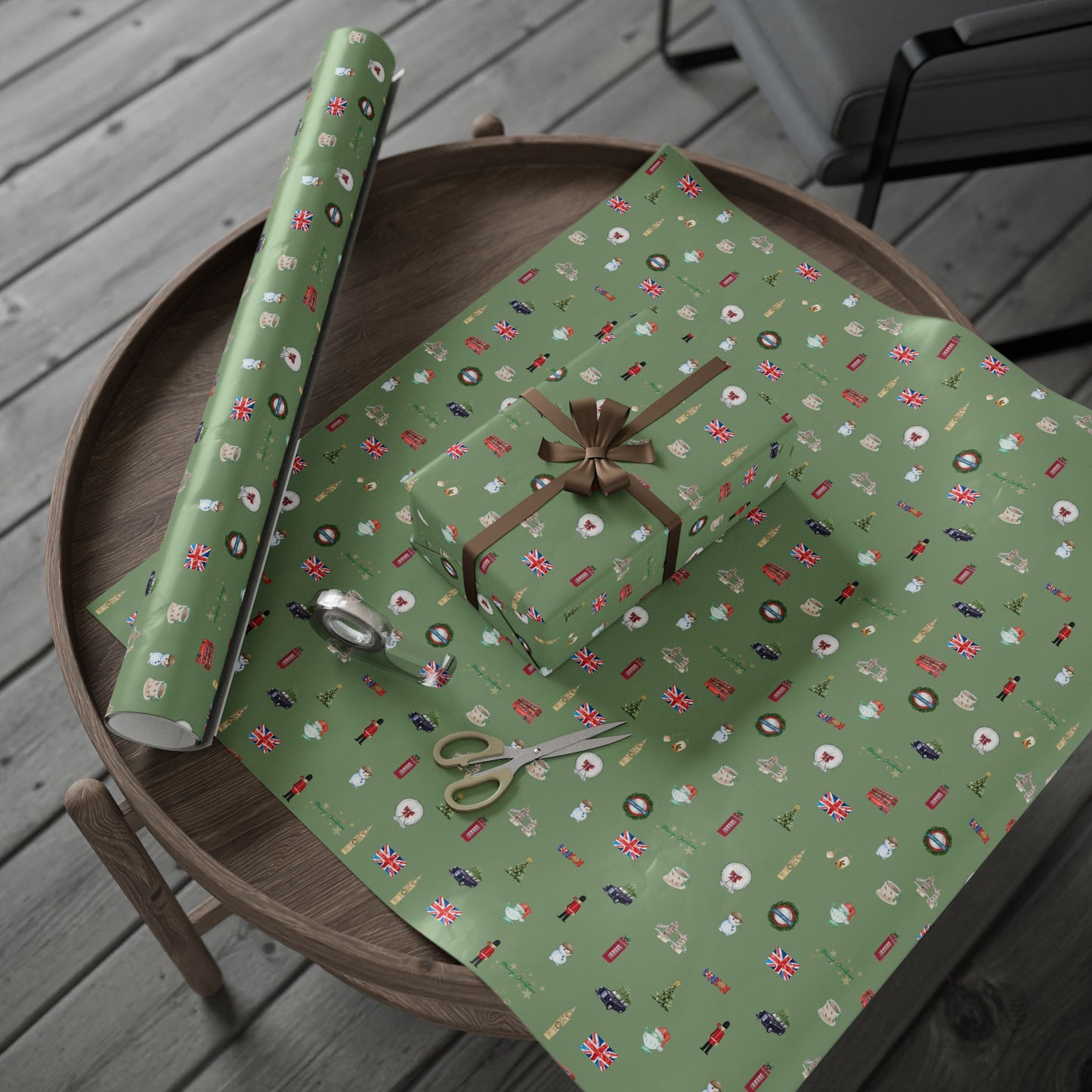 London Themed Green Christmas Festive Whimsical Wrapping Paper For Holiday, Christmas Gifts