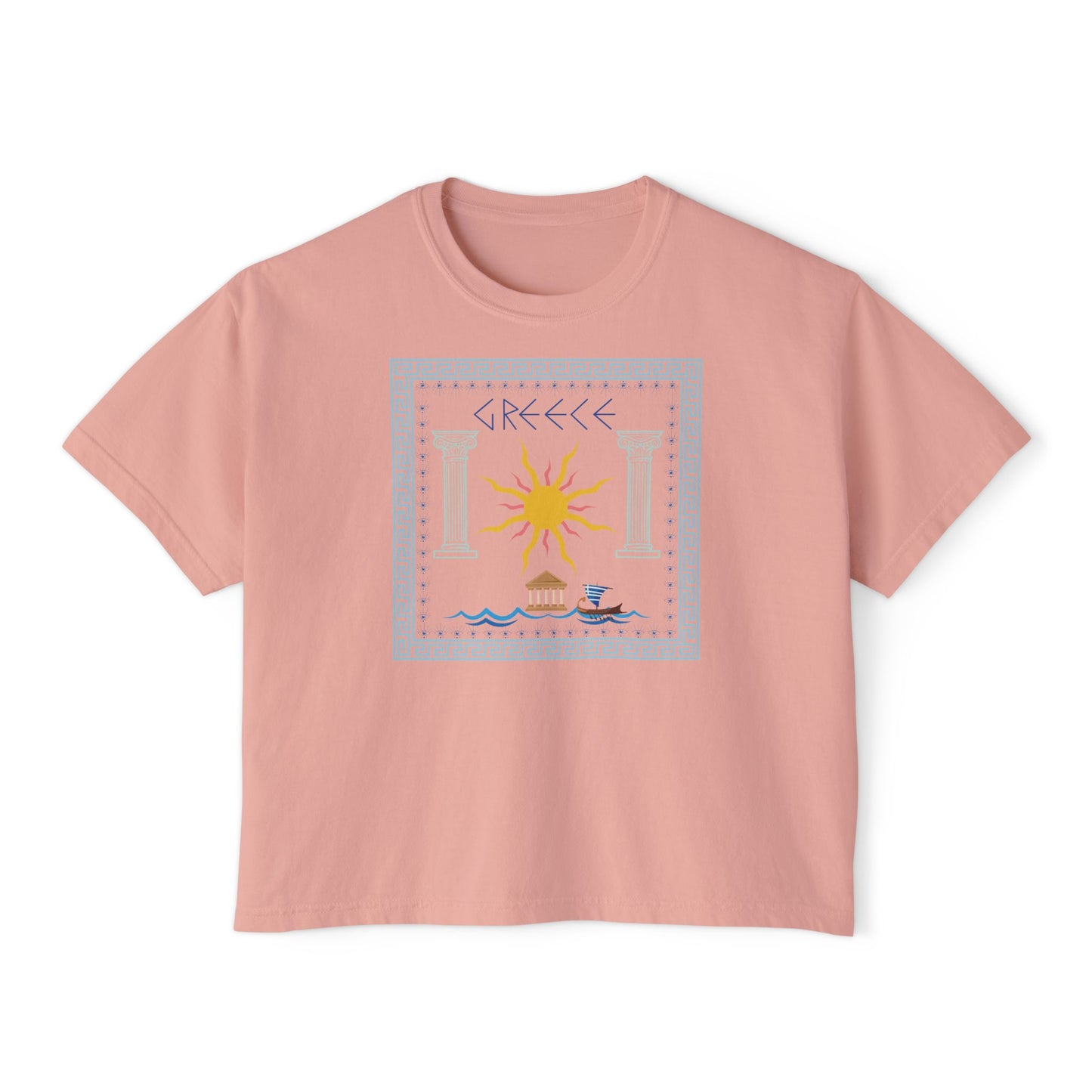 Greek Summer Boxy Graphic Tee,  Summer Greece Travel Theme- Women's Relaxed Short Sleeve Fit T-Shirt