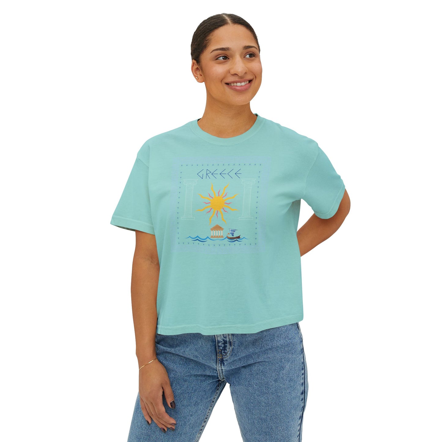Greek Summer Boxy Graphic Tee,  Summer Greece Travel Theme- Women's Relaxed Short Sleeve Fit T-Shirt
