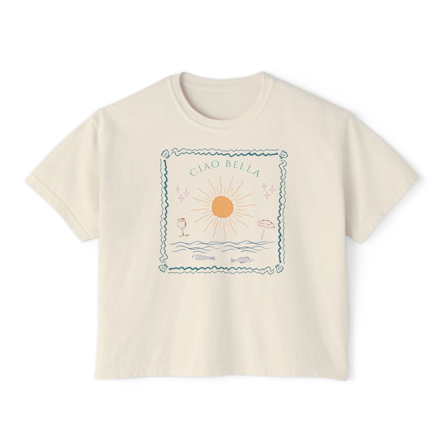 Ciao Bella Boxy Graphic Tee,  Summer Italian Travel Theme- Women's Relaxed Short Sleeve Fit T-Shirt
