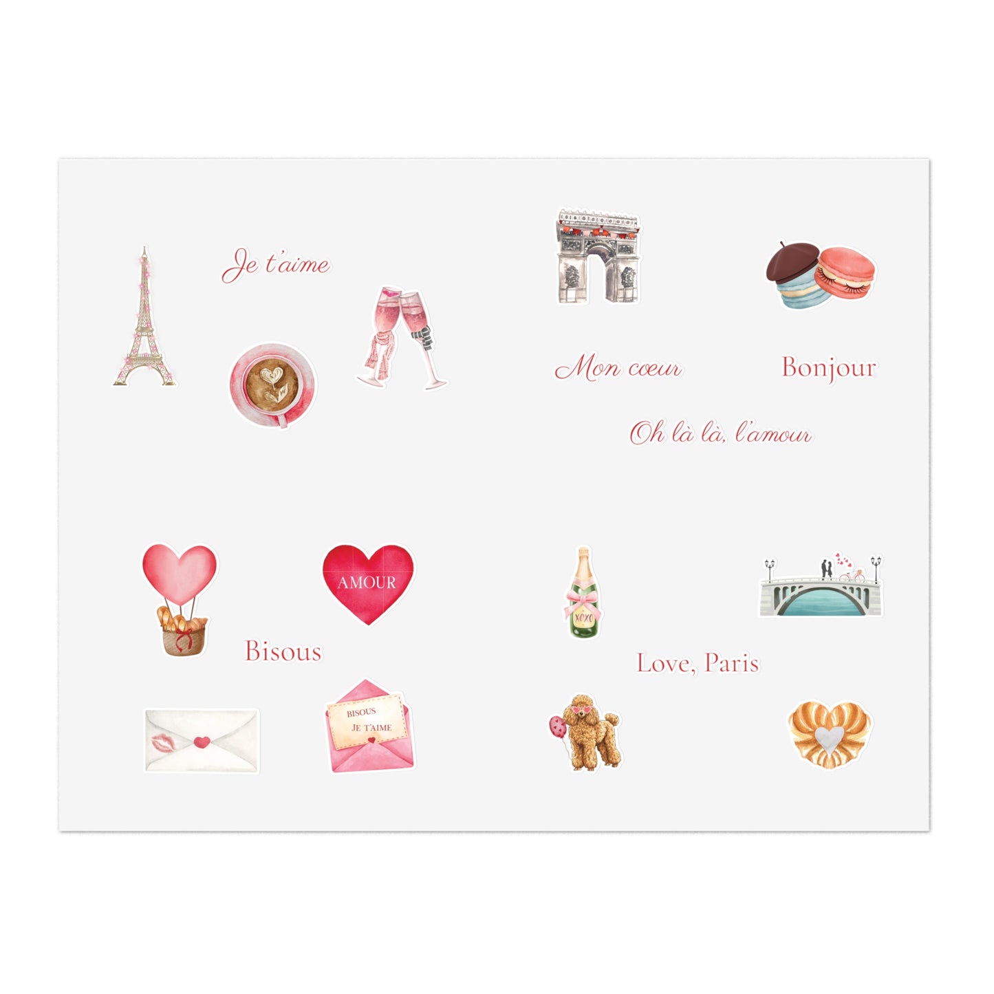 Valentine's Day in Paris Sticker Sheet Pink & Red | Eiffel Tower, Arc de Triomphe, Macarons, Champagne
