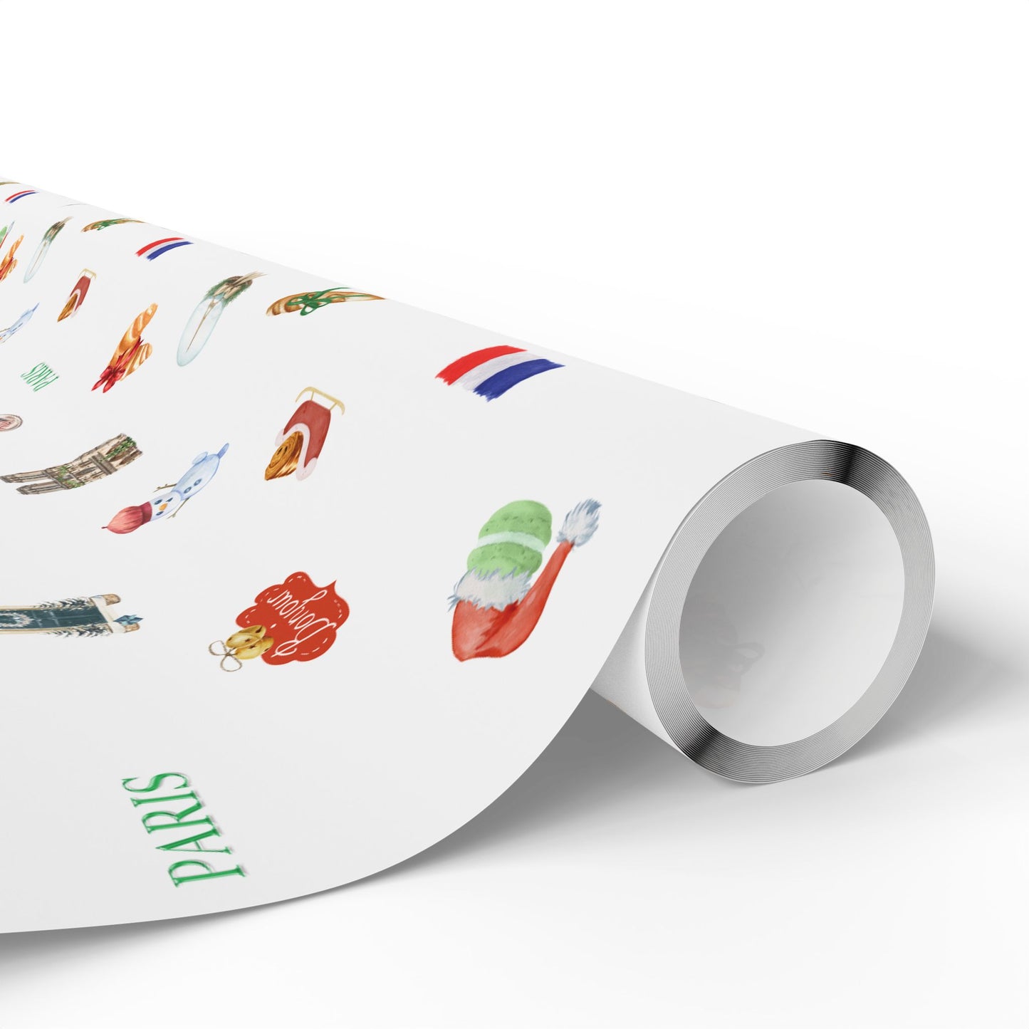Paris France Themed Christmas Festive Whimsical Wrapping Paper For Holiday, Christmas Gifts
