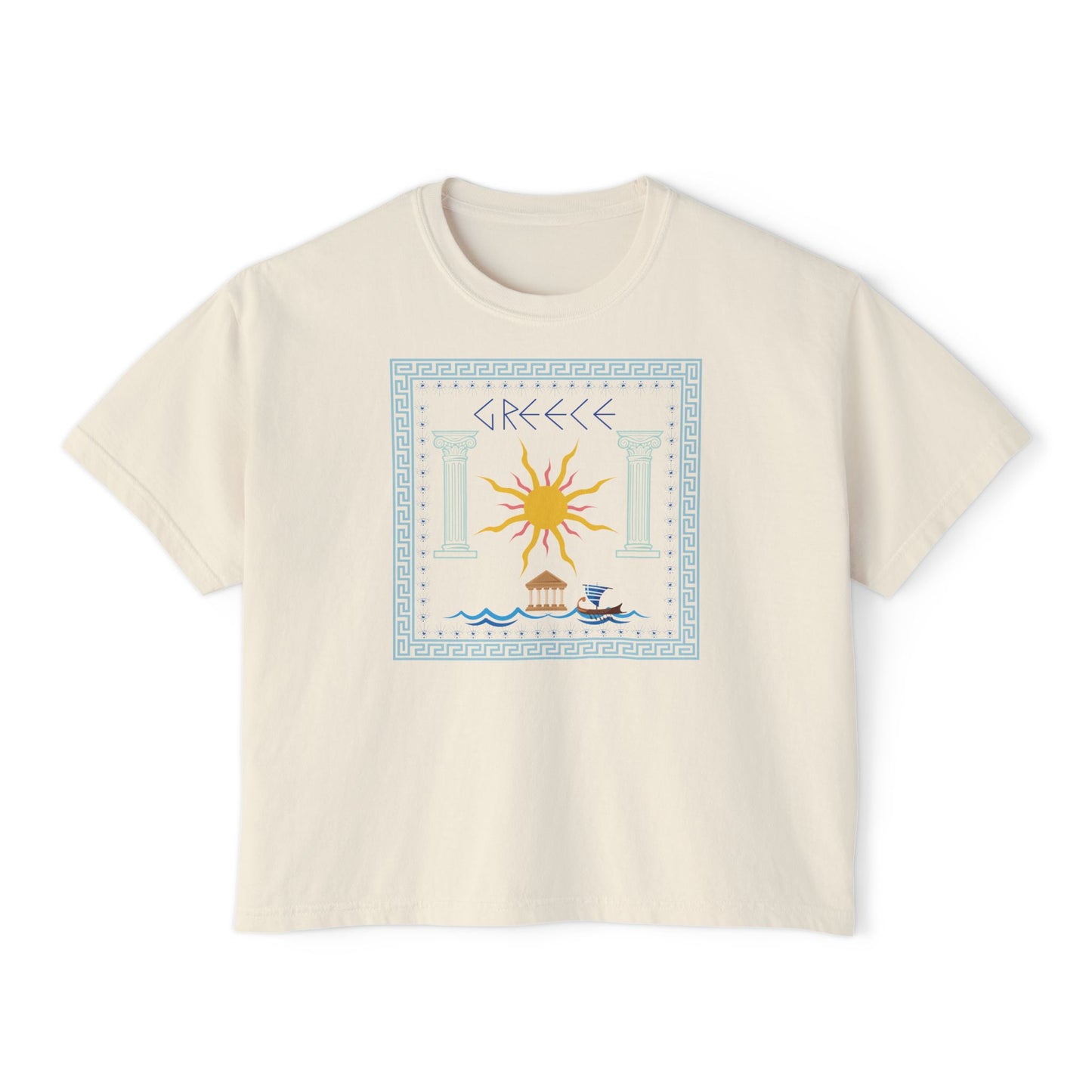 Greek Summer Boxy Graphic Tee,  Summer Greece Travel Theme- Women's Relaxed Short Sleeve Fit T-Shirt