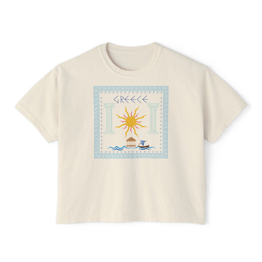 Greek Summer Boxy Graphic Tee,  Summer Greece Travel Theme- Women's Relaxed Short Sleeve Fit T-Shirt