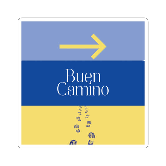 Sticker with 'Buen Camino' text and arrow on a blue and yellow background