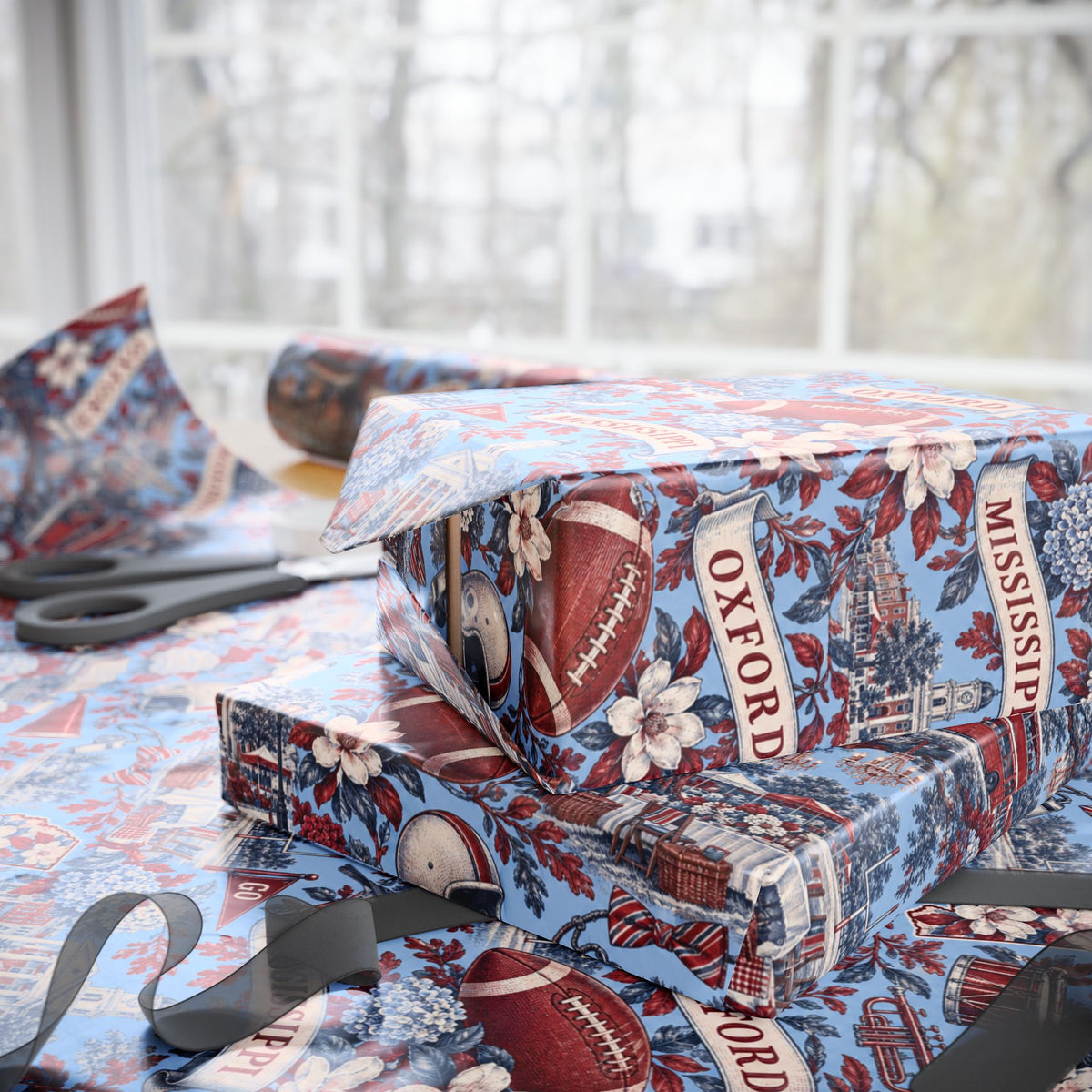 Oxford Mississippi Football Toile Wrapping Paper: Powder Blue and Red Gift Wrap