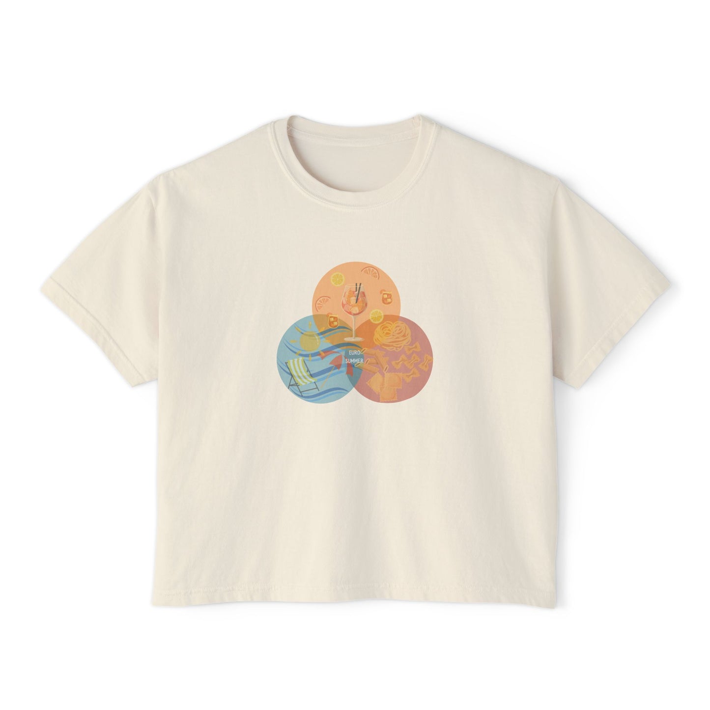 Euro Summer Venn Diagram Boxy Graphic Tee,  Summer Italian Travel Theme- Women's Relaxed Short Sleeve Fit T-Shirt