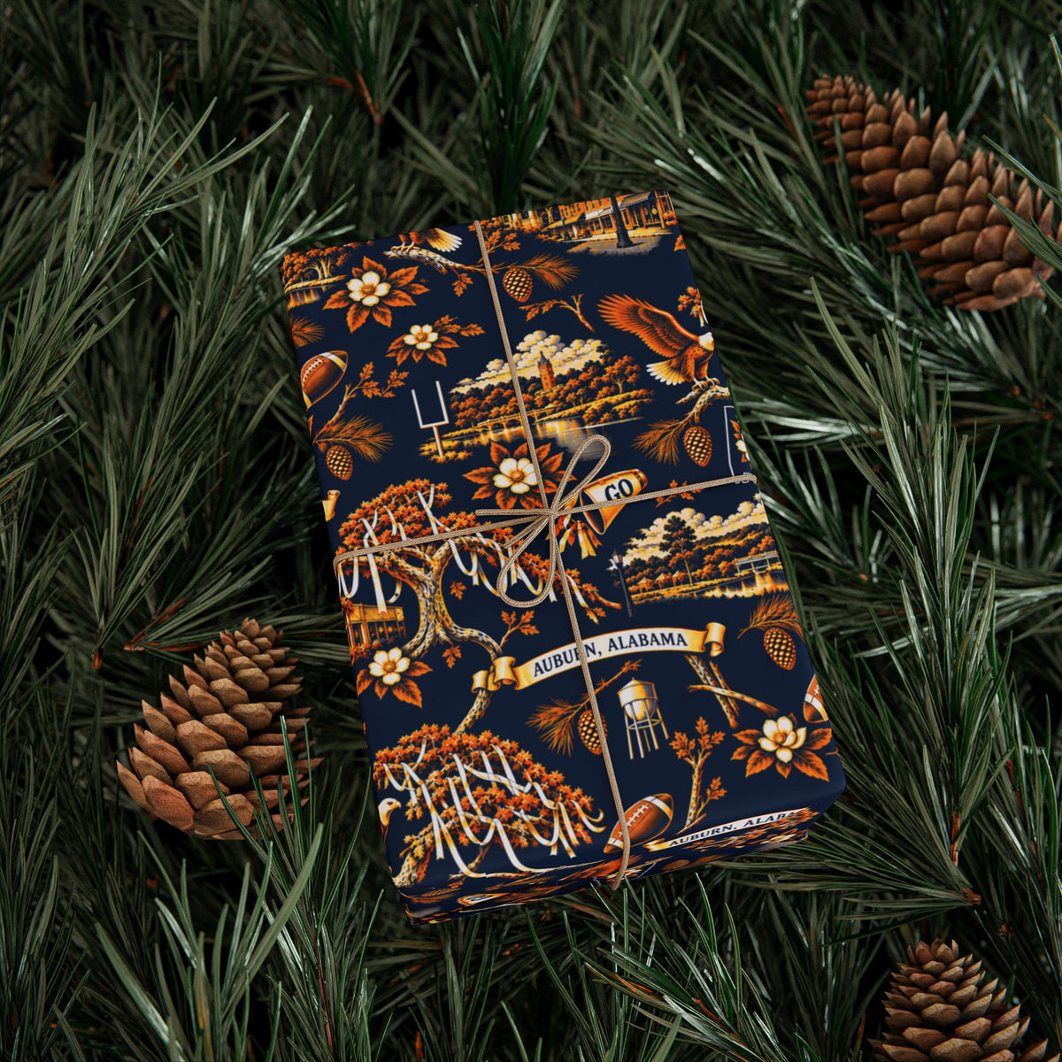 Auburn, Alabama Football Toile Wrapping Paper: Navy and Orange Gift Wrap