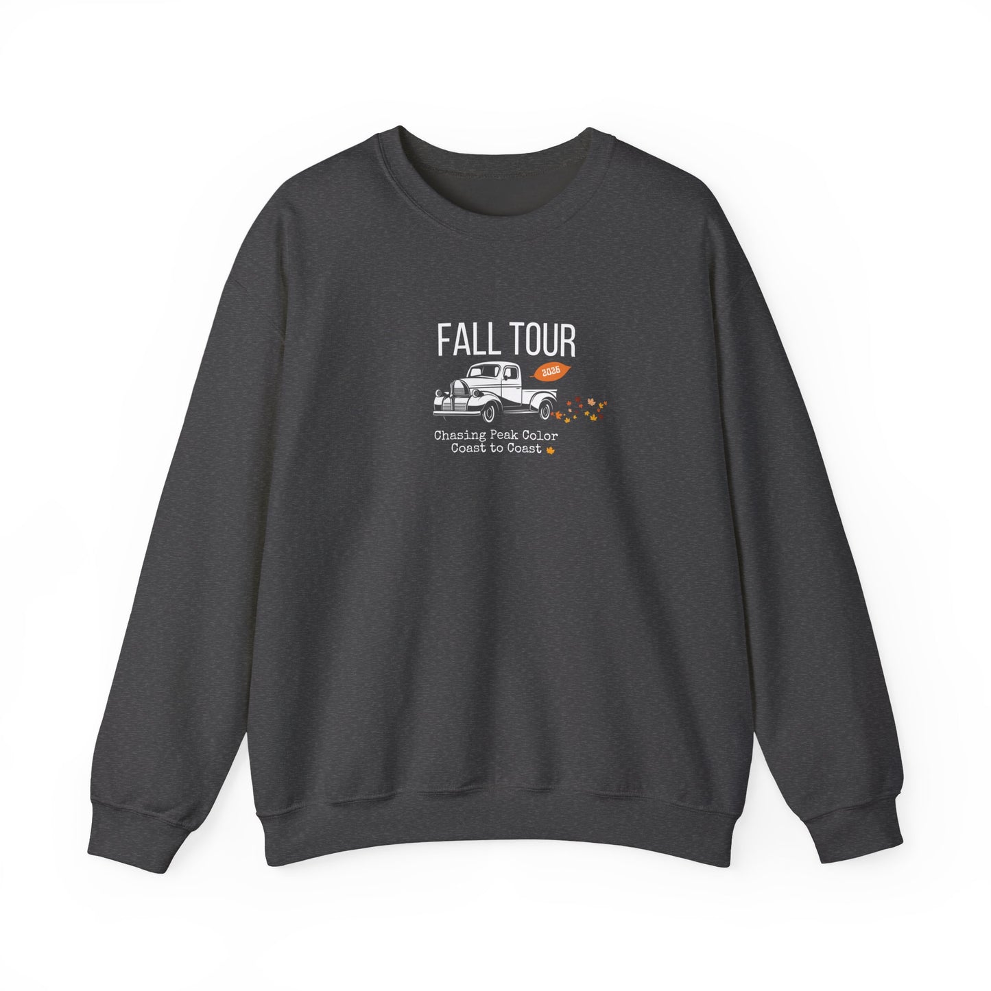 A dark gray crewneck sweatshirt with a graphic on the chest featuring a vintage pickup truck and the text 'FALL TOUR' and 'Chester Peak Outdoor Gear by Gear & Things' on a white background.