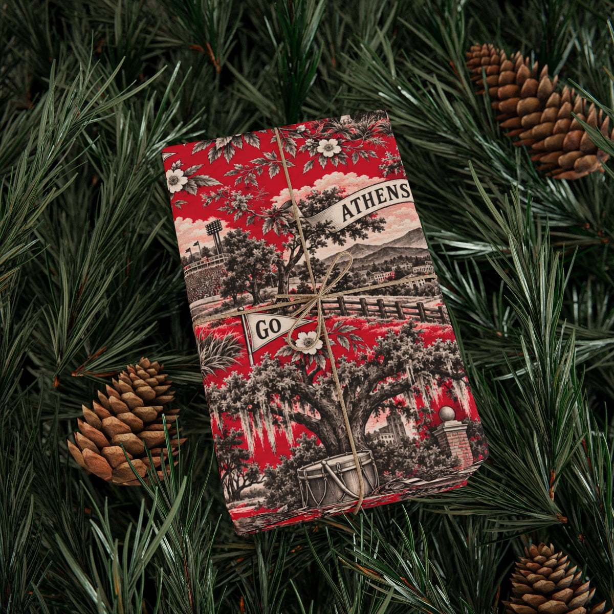 Athens, Georgia Football Toile Wrapping Paper: Red and Black Gift Wrap