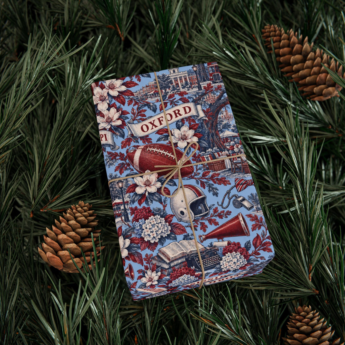 Oxford Mississippi Football Toile Wrapping Paper: Powder Blue and Red Gift Wrap