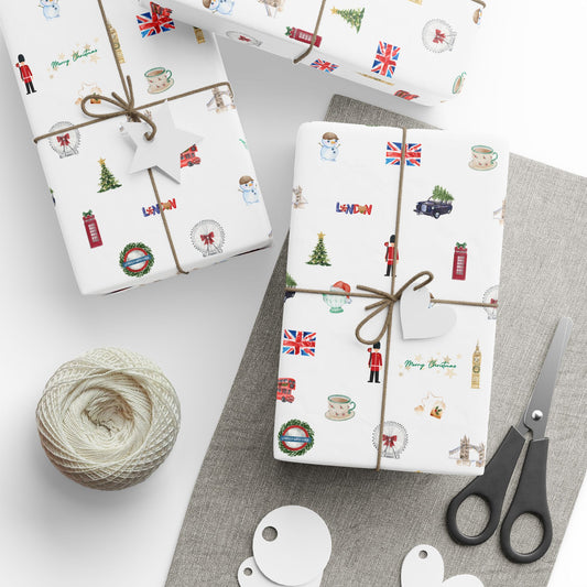 London Themed Christmas Festive Whimsical Wrapping Paper For Holiday, Christmas Gifts