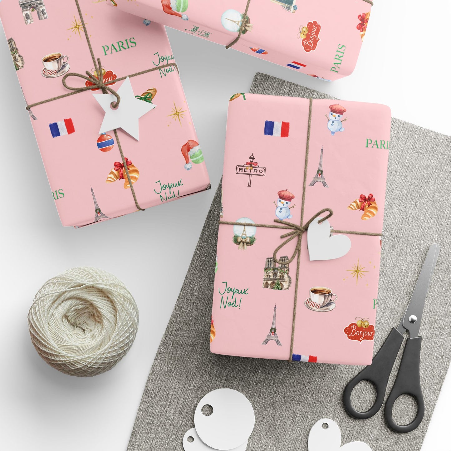 Paris France Pink Themed Christmas Festive Whimsical Wrapping Paper For Holiday, Christmas Gifts