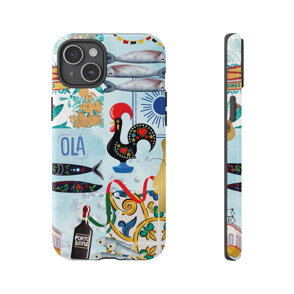 Phone case with colorful design featuring a rooster, fish, and Porto wine bottle on a light blue background.