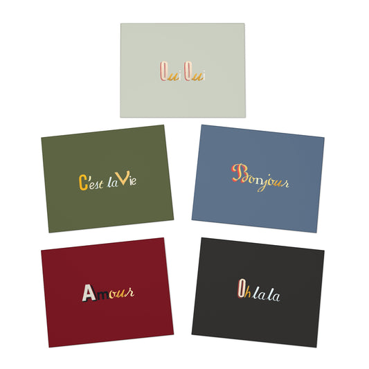 French Phrases in Parisian Letters Colorful Greeting Cards 5-Pack | Oui Oui, Bonjour, Amour, C'est la Vie, Ohlala