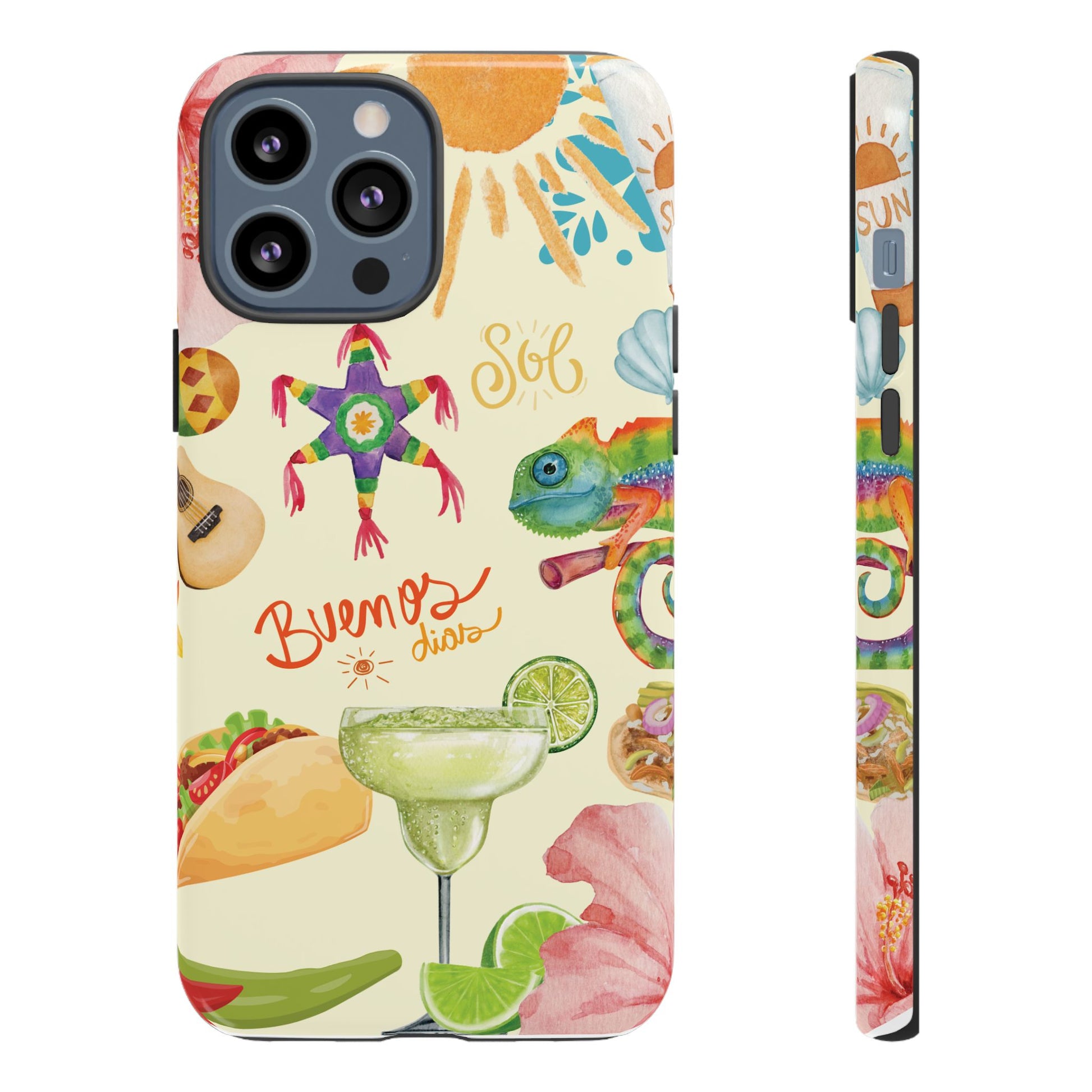 Phone case with colorful designs including a margarita, tacos, and flowers on a white background