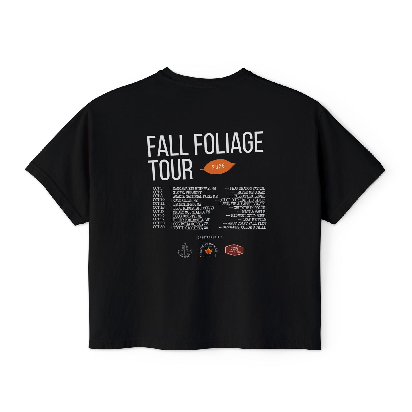 A black short-sleeve t-shirt with a white and orange graphic print on the back, featuring the text 'FALL FOLIAGE TOUR 2023' and a list of concert venues and logos.