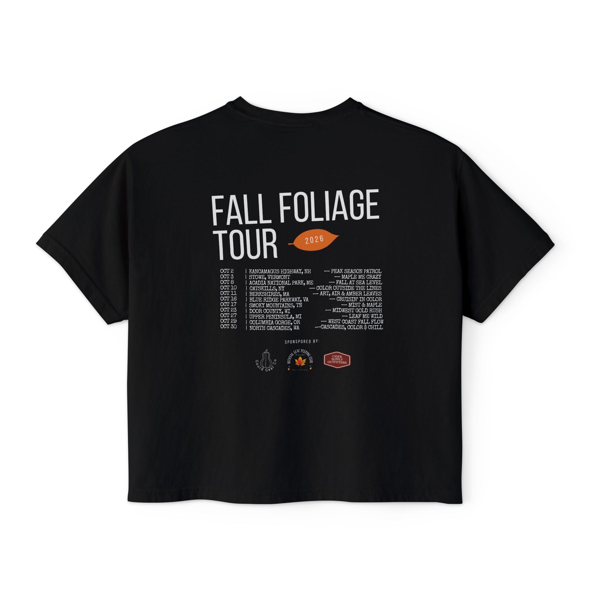 A black short-sleeve t-shirt with a white and orange graphic print on the back, featuring the text 'FALL FOLIAGE TOUR 2023' and a list of concert venues and logos.