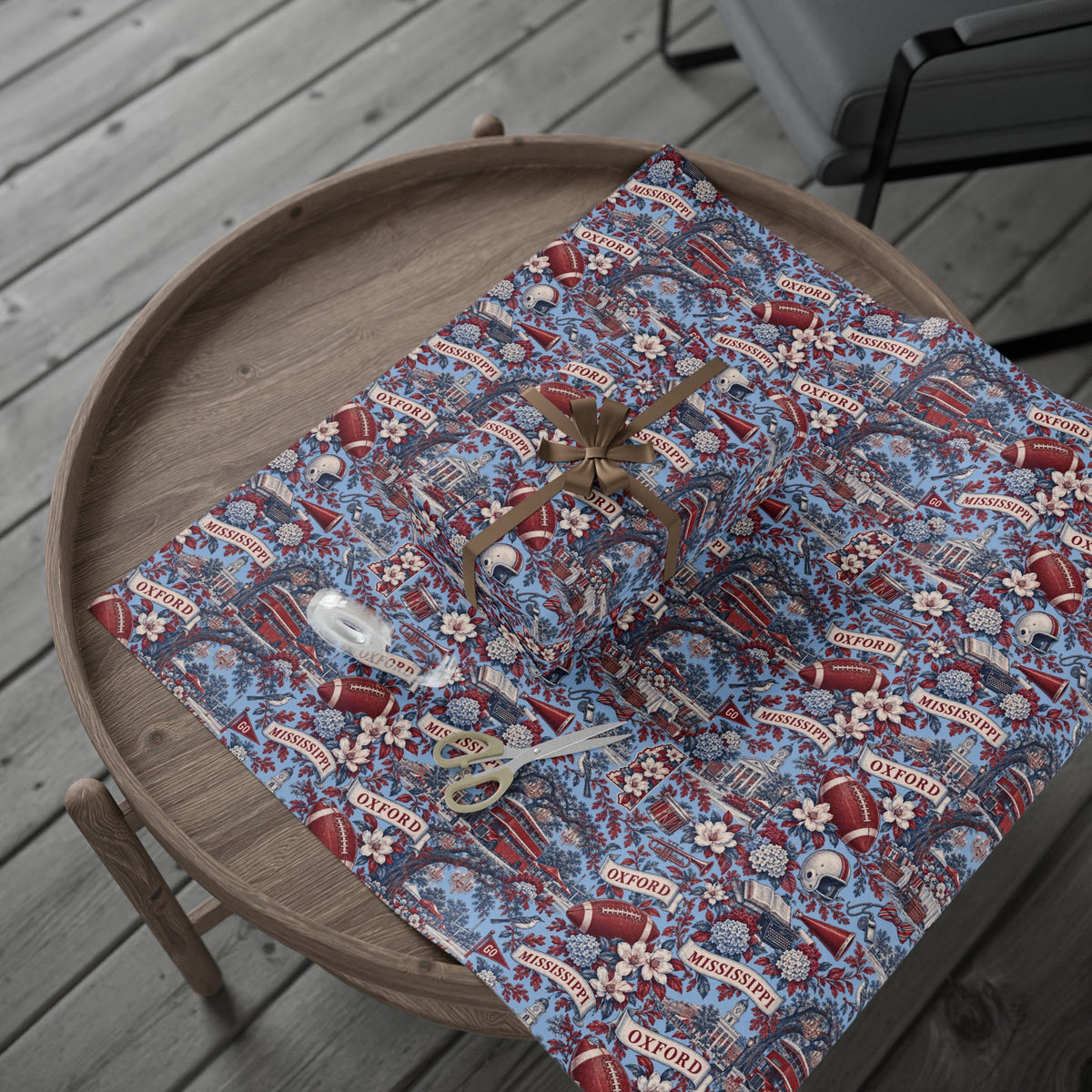 Oxford Mississippi Football Toile Wrapping Paper: Powder Blue and Red Gift Wrap