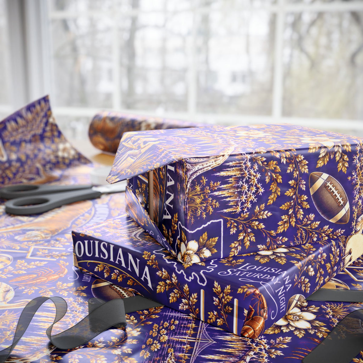 Baton Rouge, Louisiana Football Toile Wrapping Paper: Purple and Gold Gift Wrap