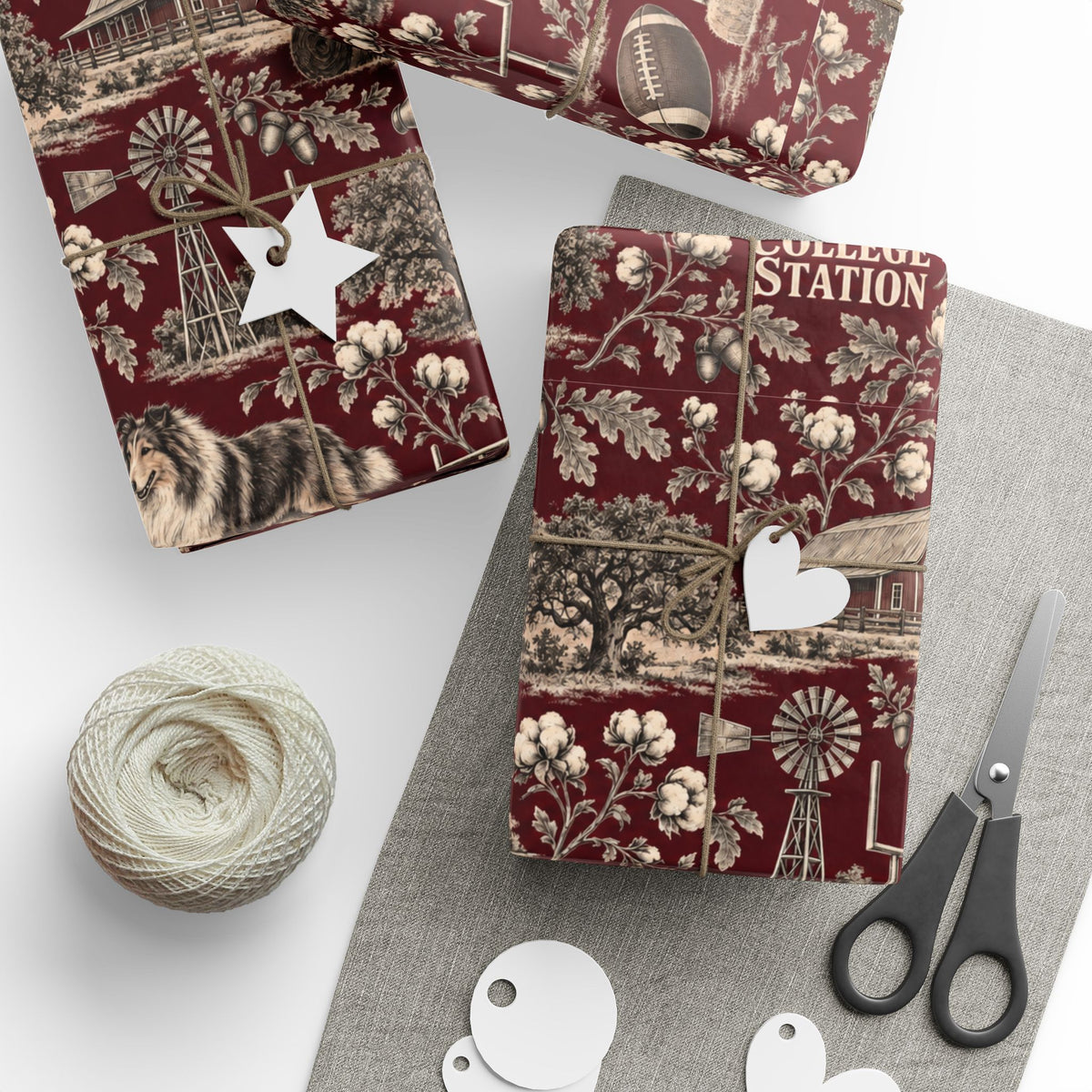 College Station, Texas Football Toile Wrapping Paper: Maroon and White Gift Wrap