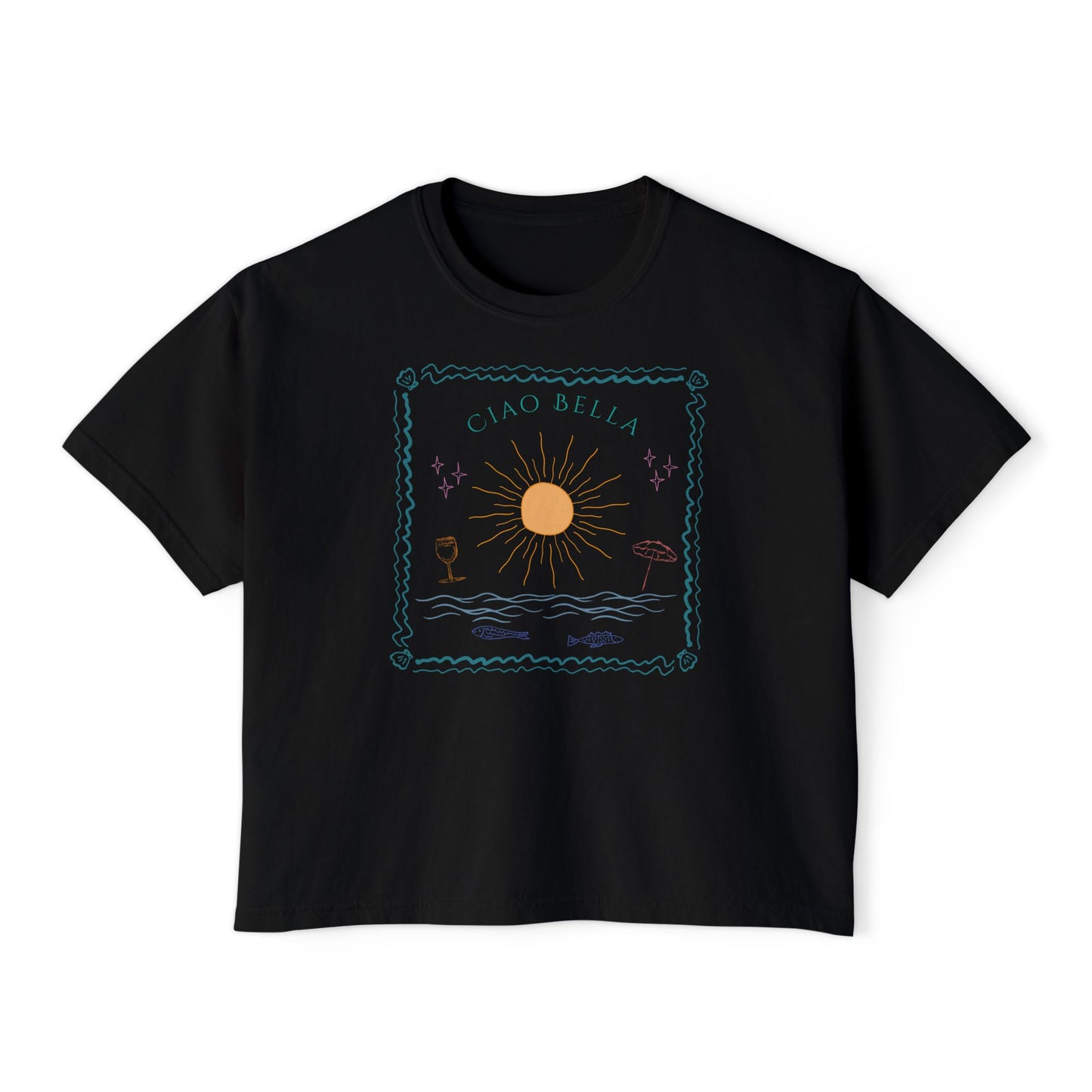 Ciao Bella Boxy Graphic Tee,  Summer Italian Travel Theme- Women's Relaxed Short Sleeve Fit T-Shirt