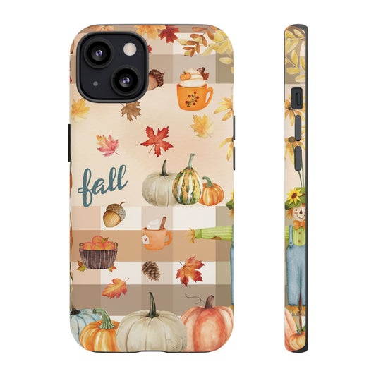 Fall Theme Phone Case, Autumn Vibes, Fall Leaves and Pumpkin Scene, Colorful Tough Case Phone Cover