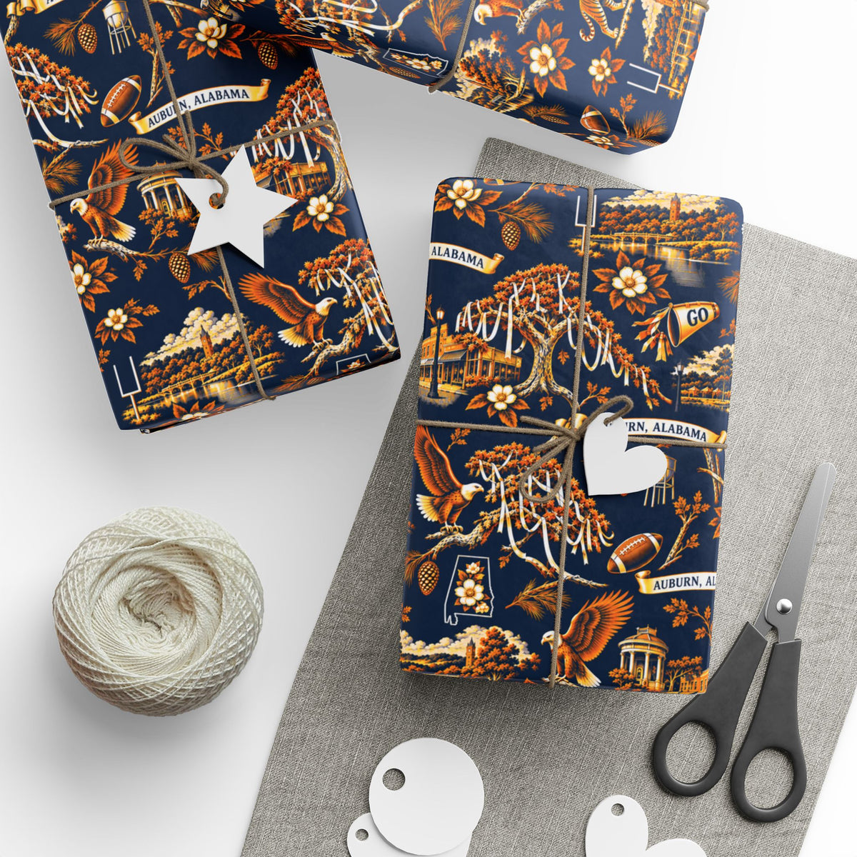 Auburn, Alabama Football Toile Wrapping Paper: Navy and Orange Gift Wrap