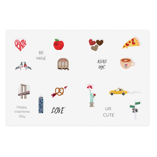 Valentine's Day in New York City Sticker Sheet | Statue of Liberty, Pizza, Taxi, Pigeons