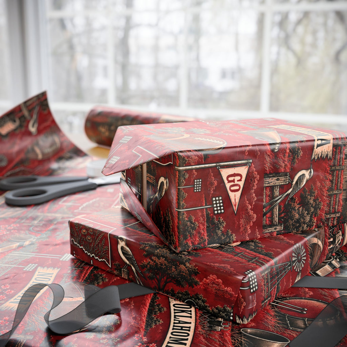 Norman, Oklahoma Football Toile Wrapping Paper: Crimson and Cream Gift Wrap
