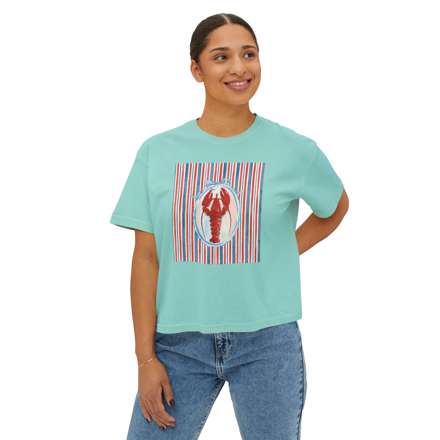 New England Lobster Boxy Graphic Tee, Nautical, Coastal Theme- Women's Relaxed Short Sleeve Fit T-Shirt