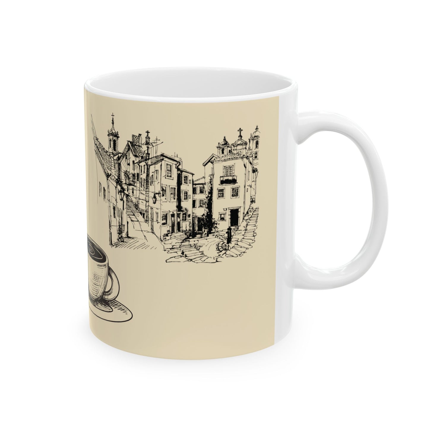 Mug with a beige background featuring a black and white illustration of a town street and a coffee cup.