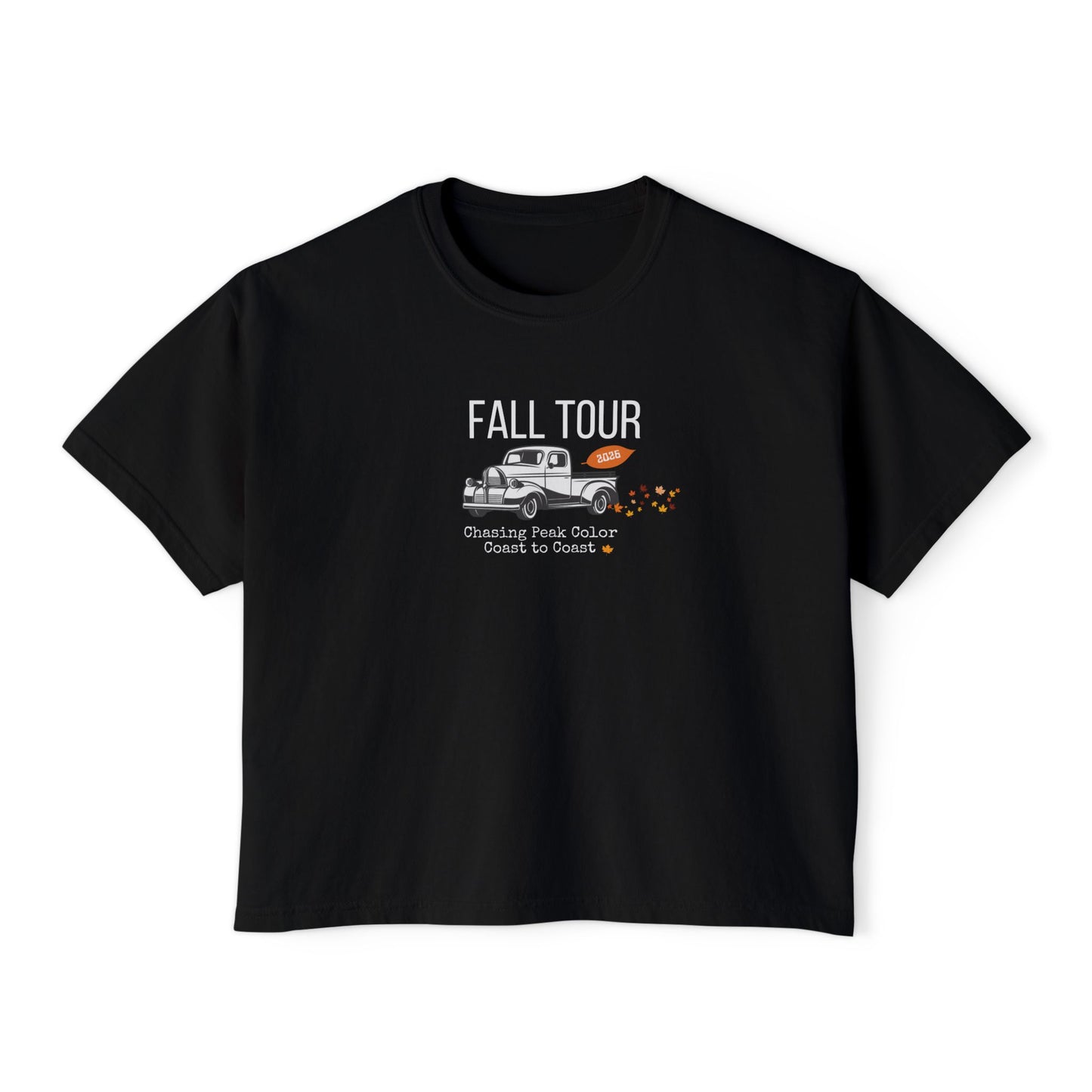 Gray t-shirt with Fall Leaf tour graphic design featuring a truck and leaves on a white background