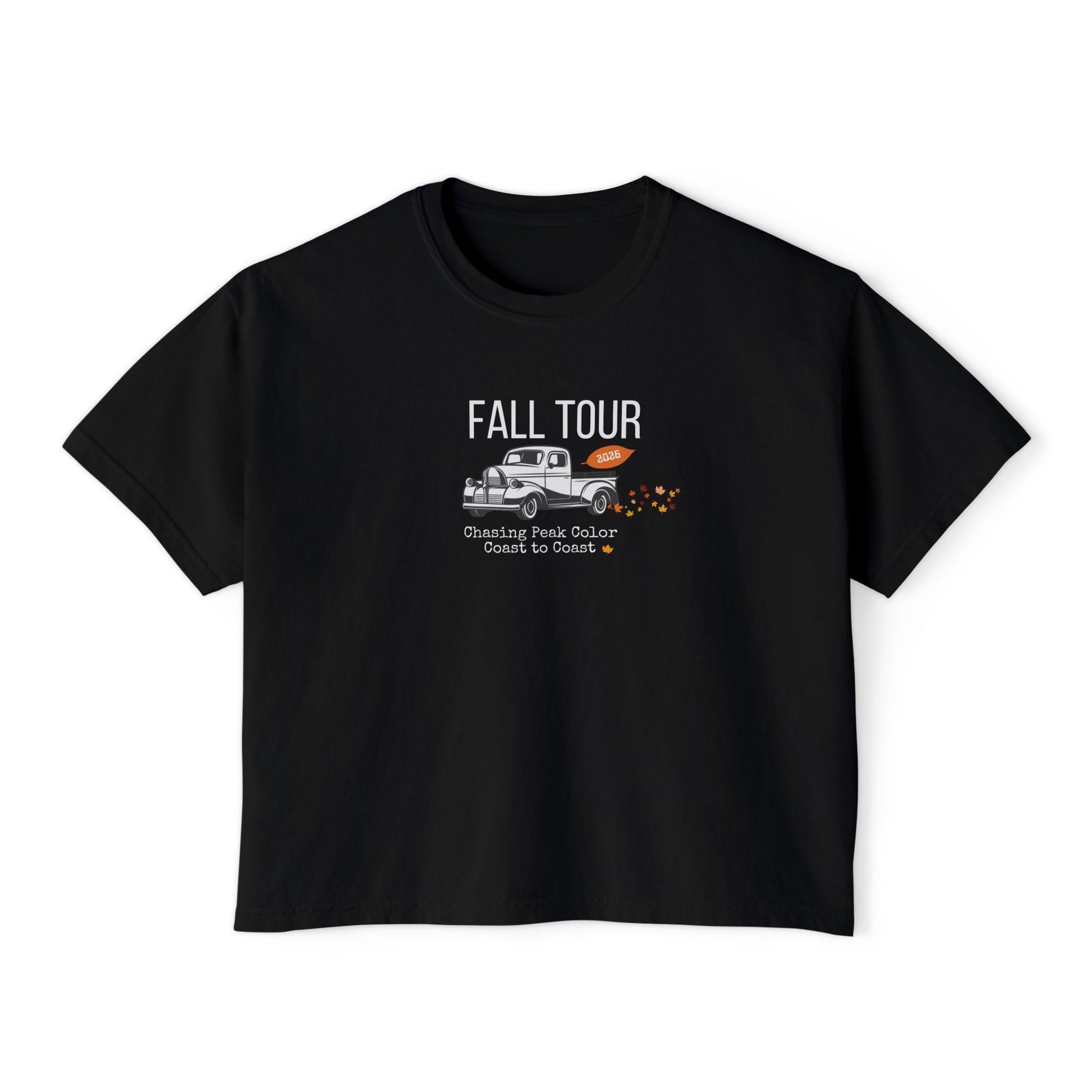 Gray t-shirt with Fall Leaf tour graphic design featuring a truck and leaves on a white background