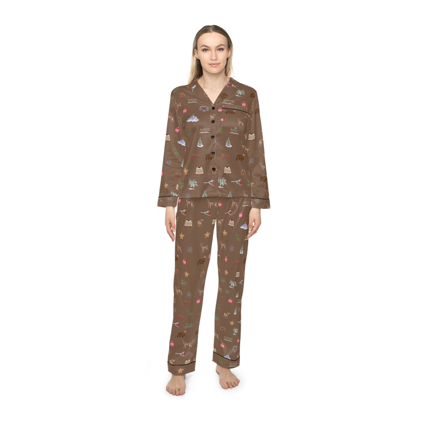 Mountain Christmas Holidays Brown Women's Satin Pajamas