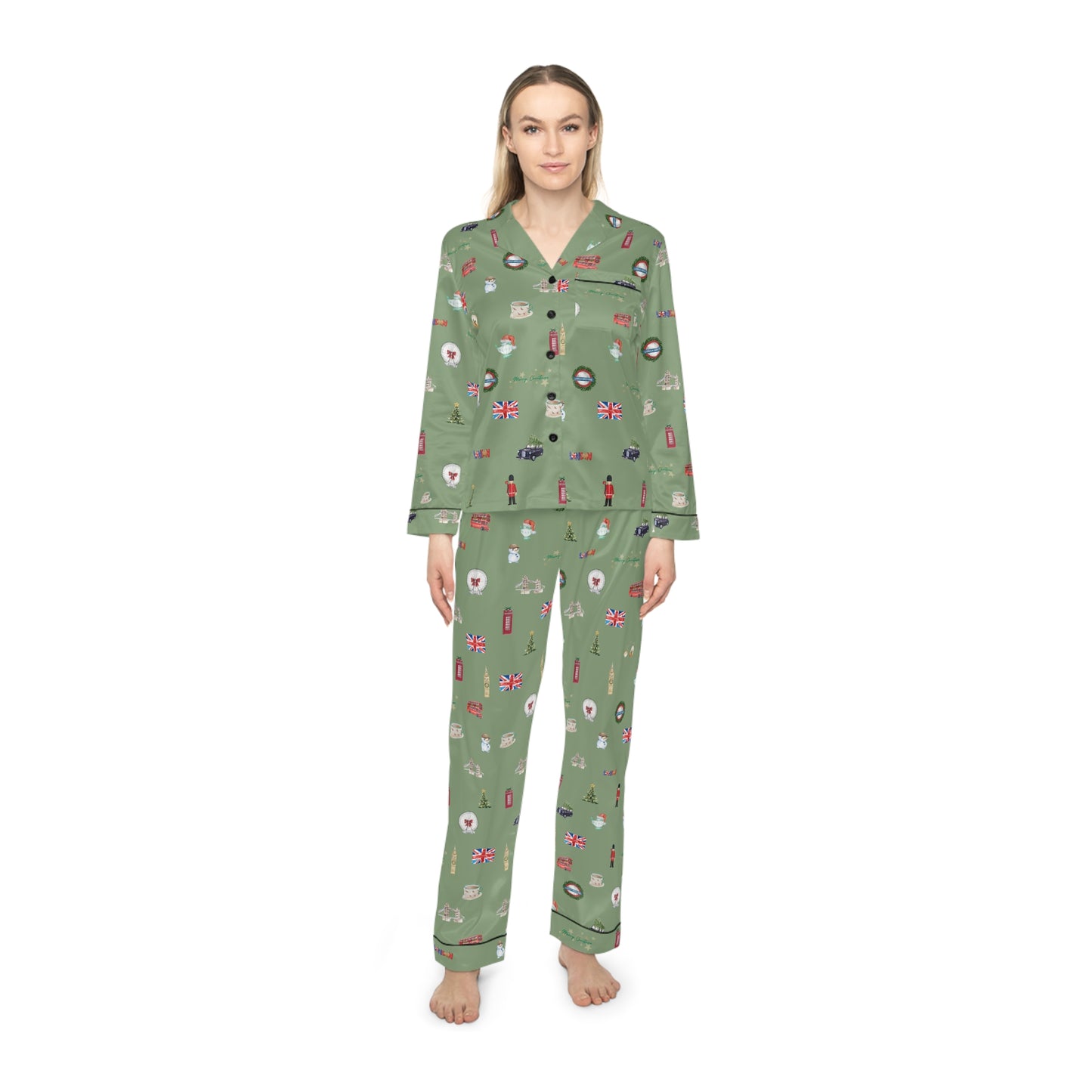 London Christmas Green Holidays Women's Satin Pajamas