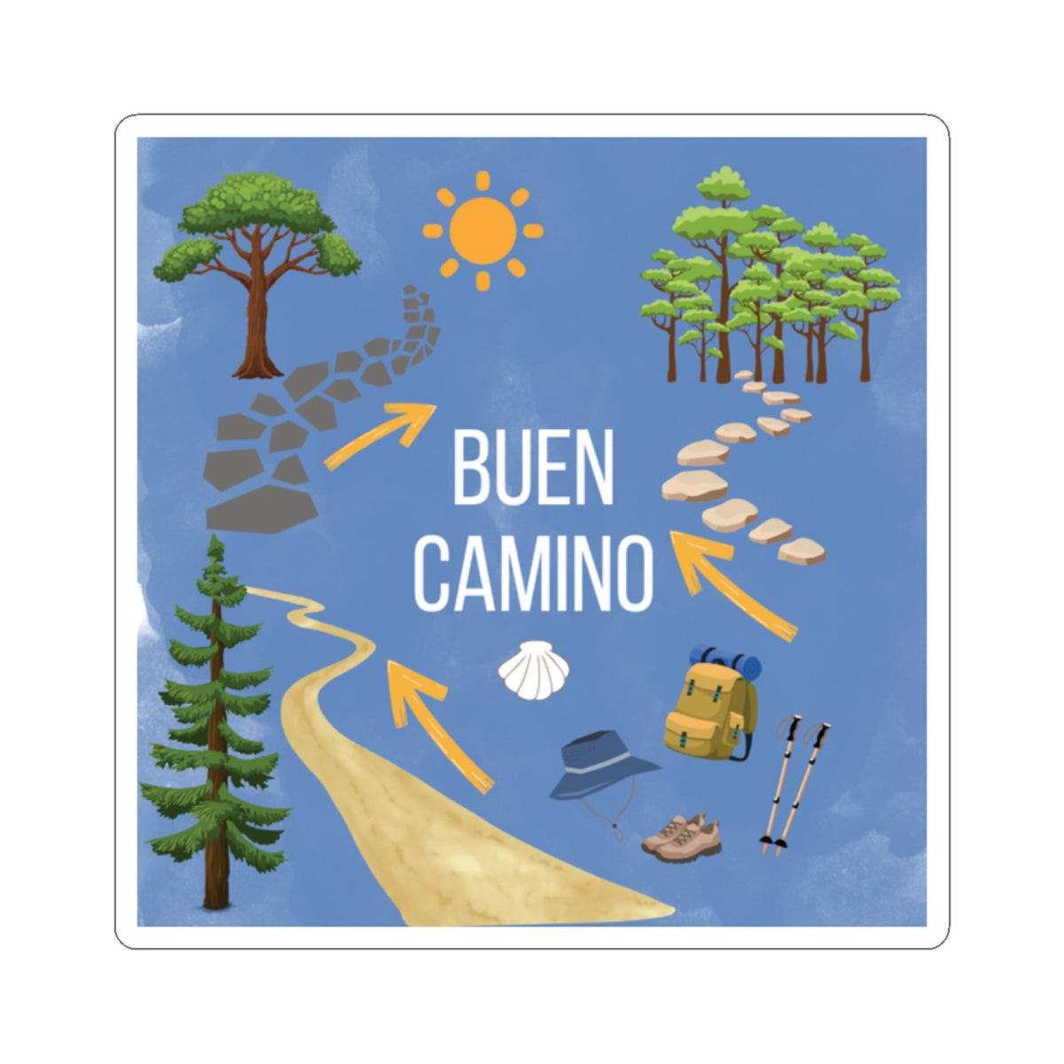 Illustration of a hiking path with trees, sun, backpack, and 'Buen Camino' text on a blue background.