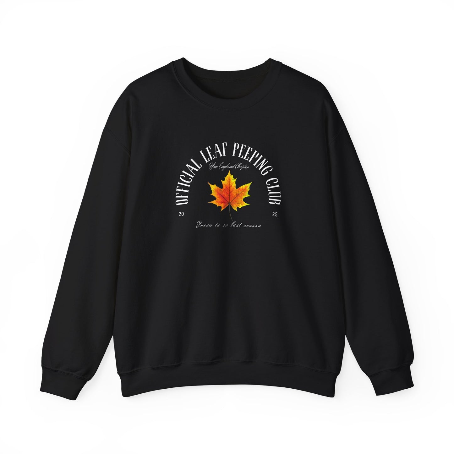 Black sweatshirt with a fall leaf design on a white background