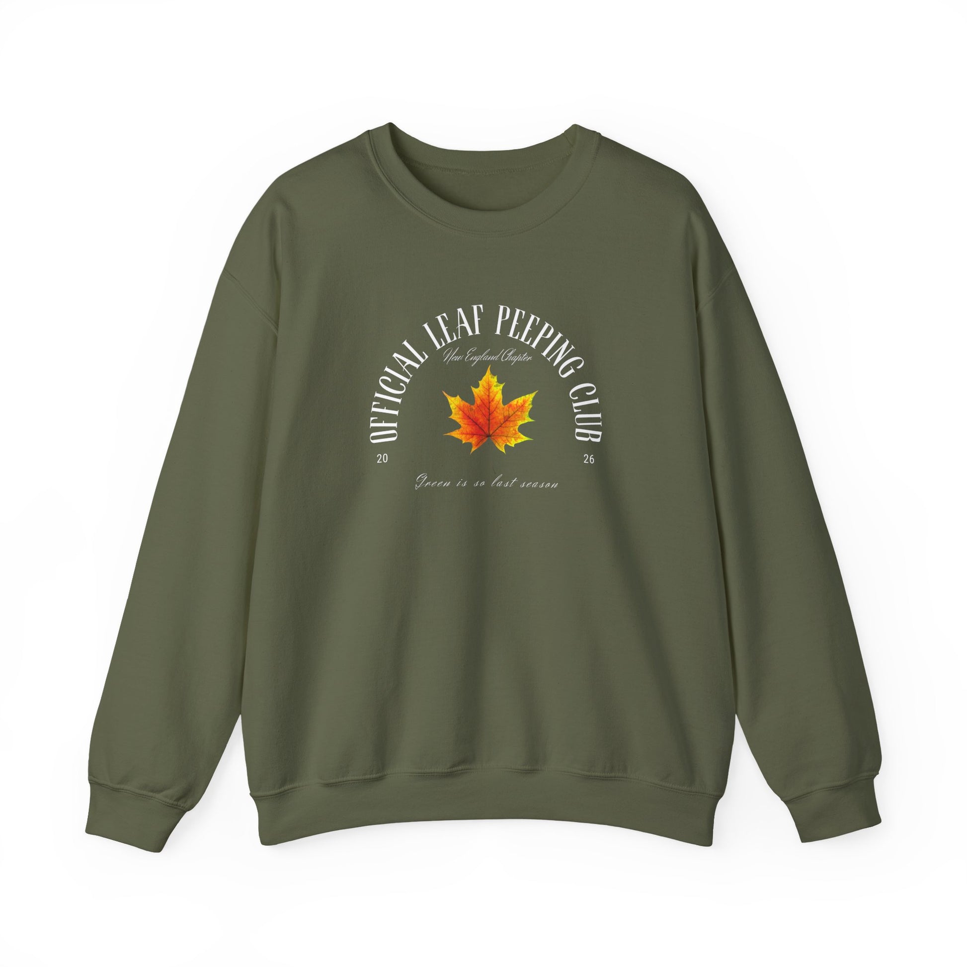 An olive green crewneck sweatshirt featuring a white arched graphic that reads 'National Leaf Peeper Club' around a bright orange and yellow maple leaf, with 'Goes on as long as we' printed below.