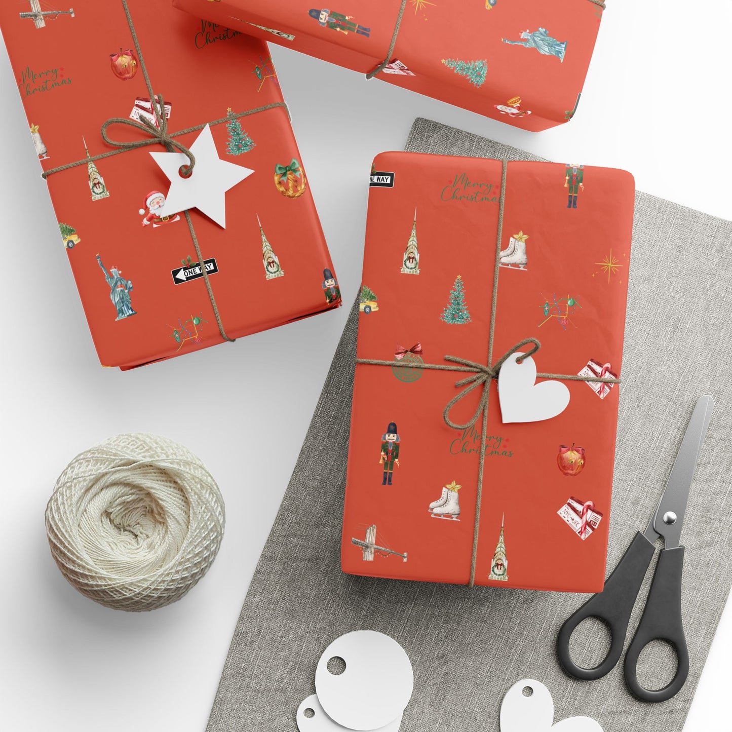 New York City Themed Red Christmas Festive Whimsical Wrapping Paper For Holiday, Christmas Gifts