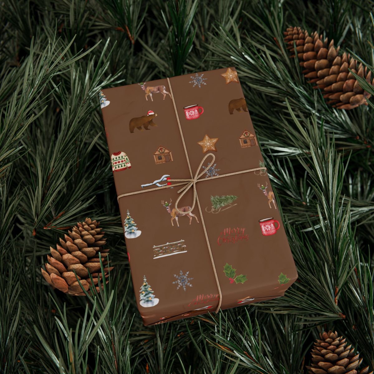 Mountain Themed Brown Christmas Festive Whimsical Wrapping Paper For Holiday, Christmas Gifts