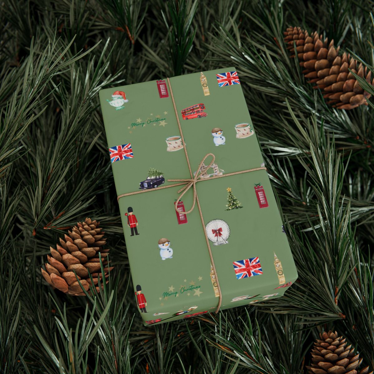 London Themed Green Christmas Festive Whimsical Wrapping Paper For Holiday, Christmas Gifts