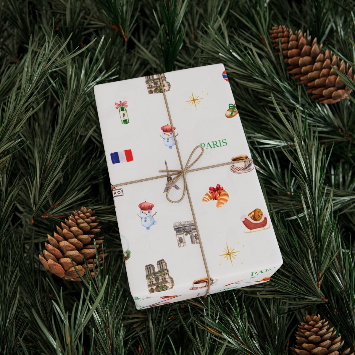 Paris France Themed Christmas Festive Whimsical Wrapping Paper For Holiday, Christmas Gifts