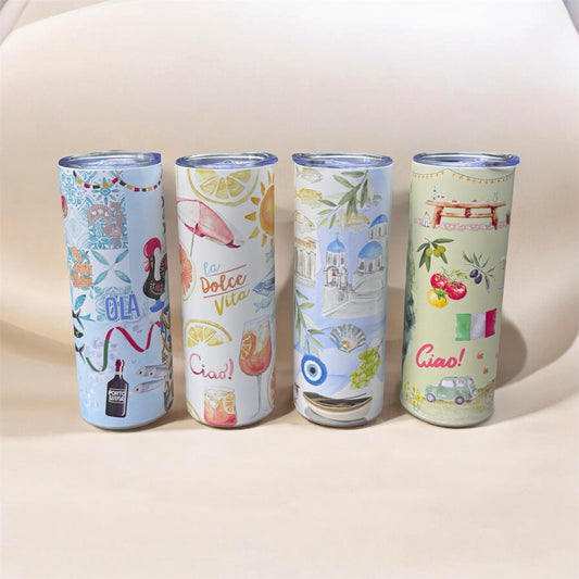 Four Destination Designs! Euro Summer Skinny Tumbler, 20oz Travel Cup, Water Bottle with Straw