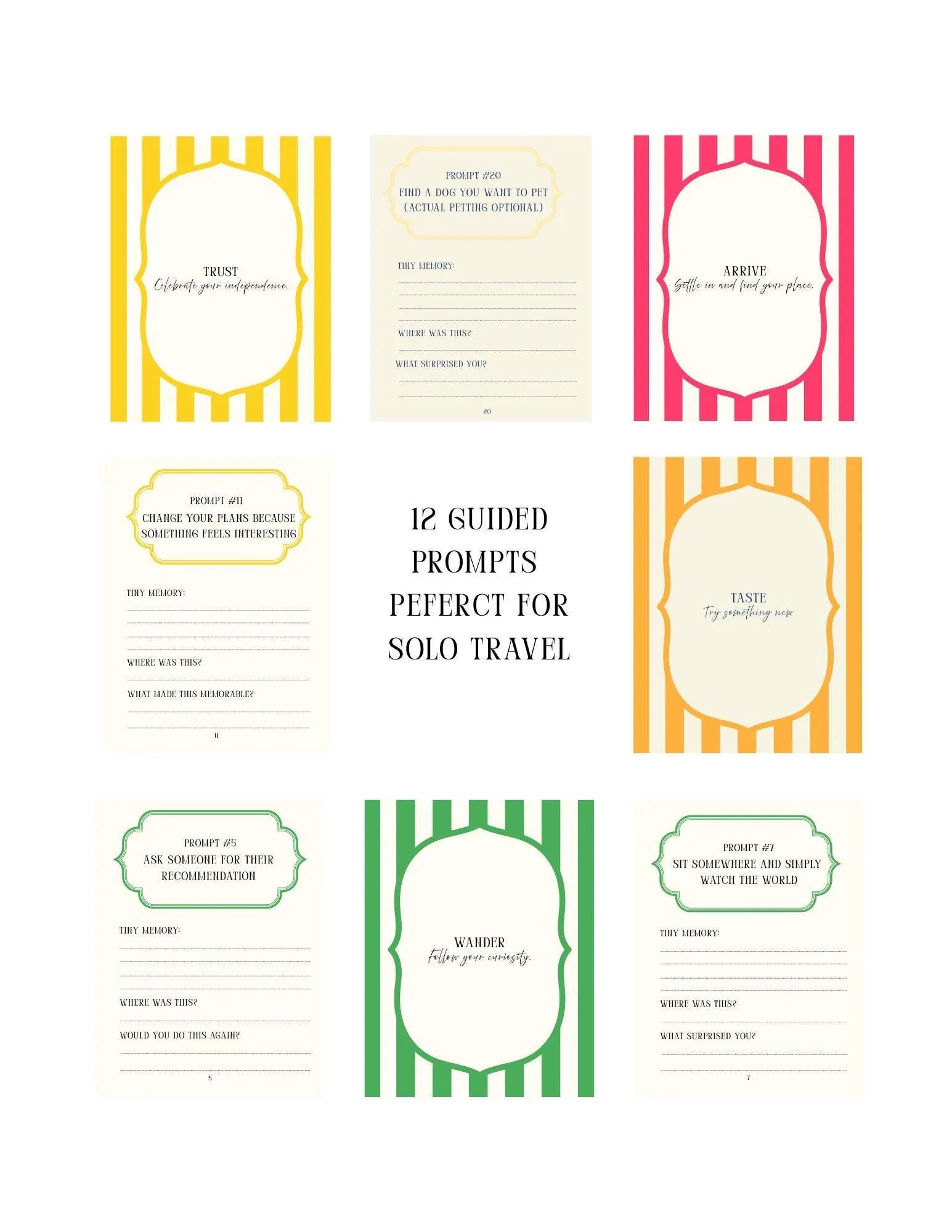 A set of 12 solo travel prompt cards arranged in a grid around a central title card. The cards feature various stripe patterns in yellow, pink, orange, and green, with cream-colored borders and elegant script text prompts for travel inspiration.
