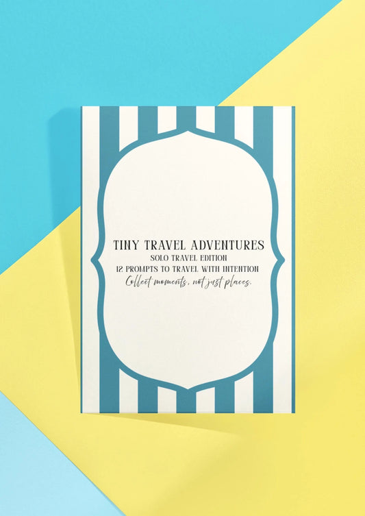 An ebook cover for 'Tiny Travel Adventures'  for solo travel featuring a cream central label with blue text on a background of vertical teal and white stripes. The book is set against a split yellow and light blue background.